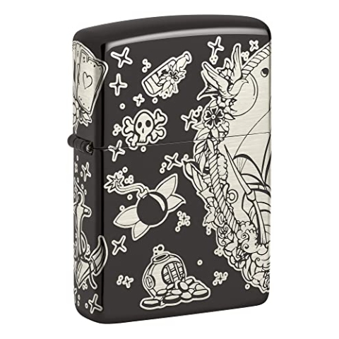 Zippo Laser 360° Piraten-Schatz-Design, hochglanzpoliert, Schwarz