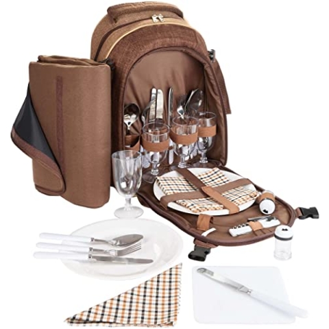 BRUBAKER Picknickrucksack für 4 Personen Braun 28,5 × 42,5 x 19 cm - inkl. Kühlfach + Fleece-Picknickdecke mit wasserfester Unterseite