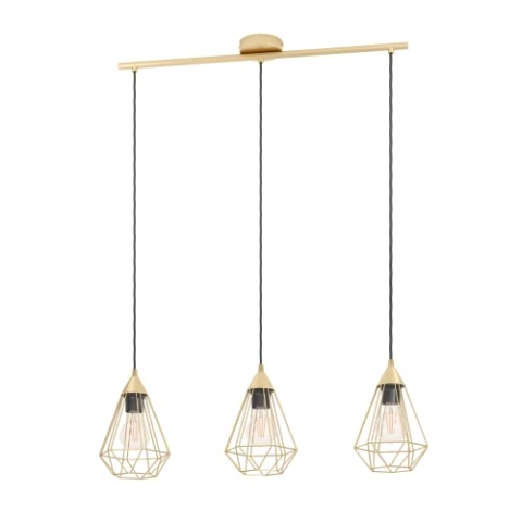 EGLO Pendelleuchte Tarbes, 3 flammige Hängelampe, Hängeleuchte aus Metall in Messing-Gebürstet, Esstischlampe, Wohnzimmerlampe hängend mit E27 Fassung, L 79 cm