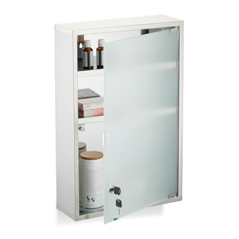 Relaxdays Medizinschrank, 3 Fächer, abschließbar, HBT: ca. 58x38x13cm, Edelstahl, Arzneischrank, Hausapotheke, Silber