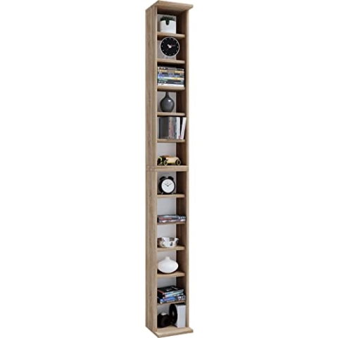 VCM Holzregal stehend | platzsparender CD Schrank für 204 CDs oder 72 DVDs | Maße: H. 180 x B. 21 x T. 20 cm | Elegantes DVD Regal stehend | Blu-Ray Regal | CD Regal - Bigol Sonoma-Eiche