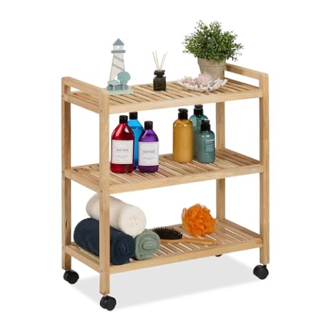 Relaxdays Badregal, Holz, HxBxT: 72 x 65 x 31 cm, Holzregal mit Rollen, 3 Ablagen, Regal für Badezimmer & Küche, Natur