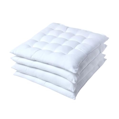 Homescapes 4er Set Stuhlkissen 40 x 40 cm, weiß, Sitzkissen mit Bändern und Knopfverschluss, einfarbige Auflagen für Stühle mit Bezug aus 100% Baumwolle und weicher Polyester-Füllung