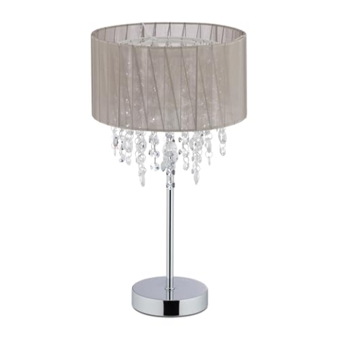 Relaxdays Tischlampe Kristall, Lampenschirm aus Organza, runder Standfuß, Nachttischlampe, HxD: 43 x 24 cm, grau/silber