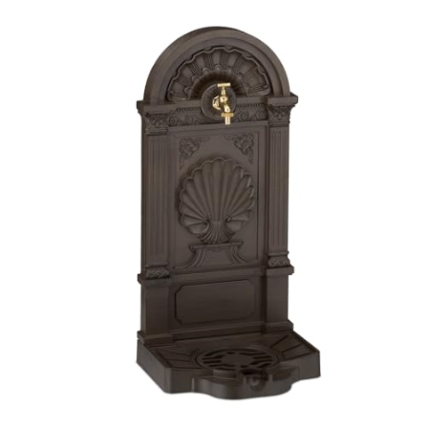 Relaxdays Standbrunnen, Antik-Stil, HBT: 82,5x39x32 cm, Nostalgie, Garten, Terrasse, Wasserhahn, Becken, stehend, braun, Aluminium