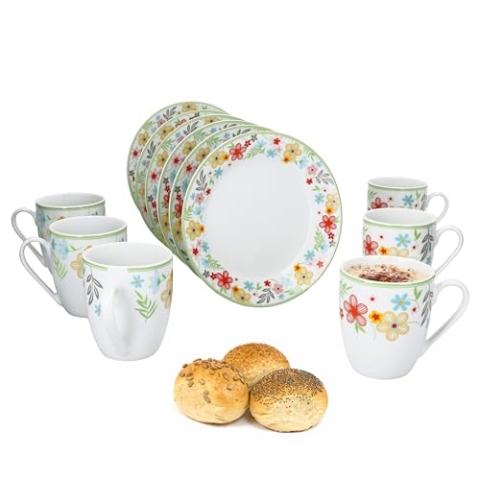 MamboCat Variant Blümchen 12tlg Frühstücksset I Je 6x kleine Teller & Kaffeebecher 350ml, Höhe 10,3cm für 6 Personen I Tasse, Kuchenteller I Porzellan-Geschirr für Frühstücks- & Kaffeezeit