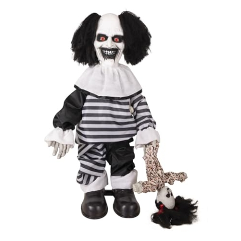 p'tit clown - 25155 - Animierter Halloween-Automat - Animatronik - Animatronics - Bösartiger Clown - Schall und Licht - Gruselige Dekoration - Batterien Nicht enthalten (3xAA) - Schwarz, Weiß - 80 cm