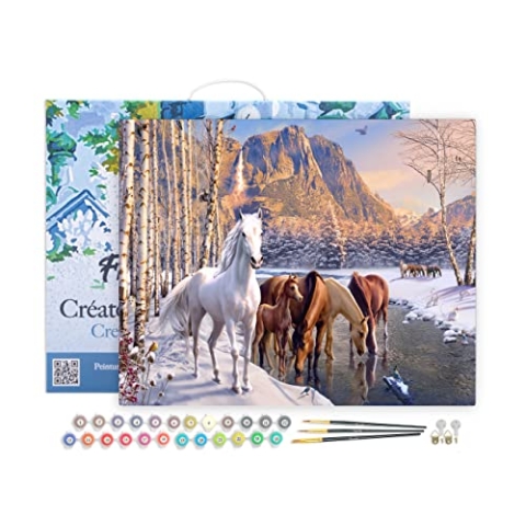 Figured'Art Malen Nach Zahlen Erwachsene Mit Rahmen Pferde im Winter - Paint by Numbers Basteln DIY Bastelset 40x50cm Leinwand gespannt auf Holzrahmen