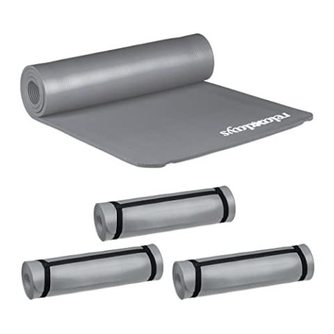Relaxdays 4 x Yogamatte, 1 cm dick, für Pilates, Fitness, gelenkschonend, mit Tragegurt, Gymnastikmatte 60 x 180 cm, grau