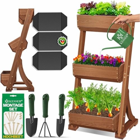 KESSER® Hochbeet mit 3 Etagen Premium Blumenkasten Blumentreppe Pflanztreppe Gemüsebeet Kräuterbeet Pflanzkübel Frühbeet Blumenbeet Pflanzkasten mit Gartenvlies - Beet inkl. Schaufelset, Braun