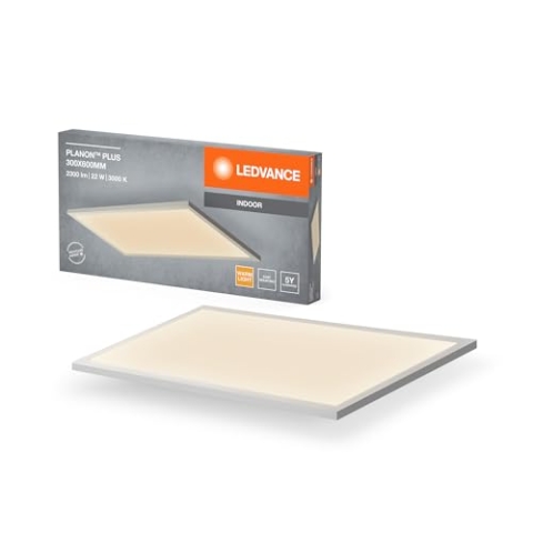 LEDVANCE Planon Plus Deckenleuchte in Weiß mit fortschrittlicher LED-Technik, 22 W, rechteckige Form (300 x 600 mm), warmweiße Lichtfarbe bei 3000 K, Aluminium-Gehäuse, mattierter PMMA-Diffuser