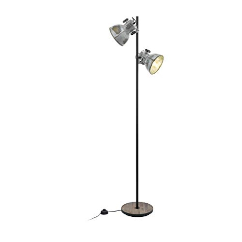 EGLO Stehlampe Barnstaple, 2-flammige Vintage Stehleuchte im Industrial Design, Retro Standlampe aus Stahl im Zink Used-Look, Holz, Rostoptik, schwarz, E27Fassung, inkl. Trittschalter