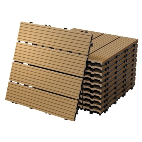 ECD Germany WPC Terrassenfliesen 30x30 cm/11 Stück=1m², Teak, geriffelt, Holzoptik, Bodenbelag mit Klicksystem und Drainage, Terrassendielen Balkonfliesen, Klickfliesen für Terrasse, Garten und Balkon