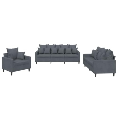 vidaXL Sofagarnitur 3-TLG., Sessel Couch mit Kissen, Sofa Wohnzimmersofa mit Armlehnen, Couchgarnitur Designsofa Sitzmöbel Polstermöbel, Dunkelgrau Samt