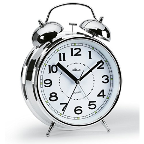 Atlanta Lauter Doppelglocken Wecker Retro 30 cm Metall Analog Licht Silber Chrom - 1649/19