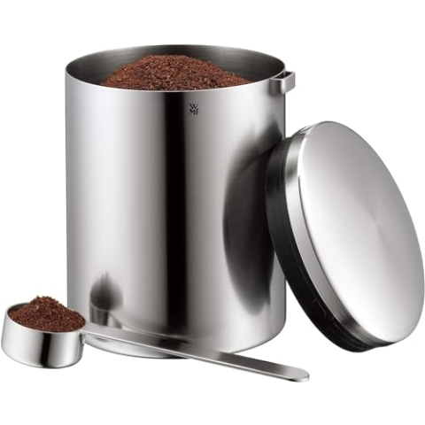 WMF Kult Tee- Kaffeedose Edelstahl für 500g, Edelstahldose mit Maßlöffel, Kaffeebohnen Behälter, Cromargan Edelstahl mattiert, für Kaffeepulver und Kaffeebohnen, spülmaschinengeeignet