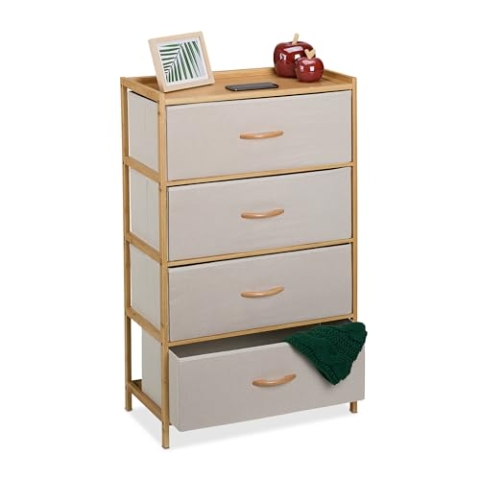 Relaxdays Kommode, Bambus, 4 Stoffschubladen, Flur, Schlafzimmer, HBT 94 x 58 x 32,5 cm, Schubladenschrank, Natur/beige