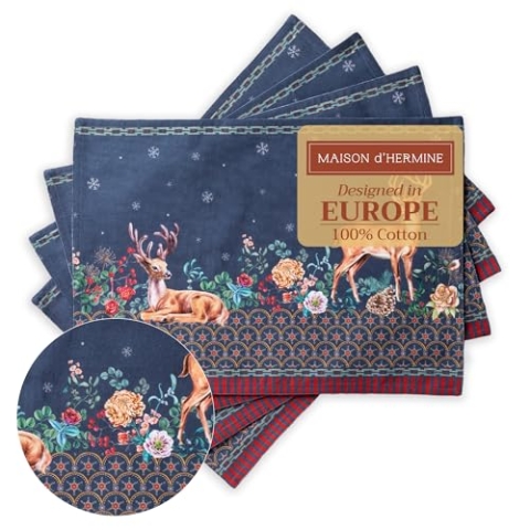 Maison d' Hermine Stoff-Tischsets, 100% Baumwolle Set mit 4, 33cm x 48cm dekoratives, waschbares Ostertisch-Tischset für Essen, Feiertage und Hochzeiten, Christmas Joy – Erntedankfest/Weihnachten