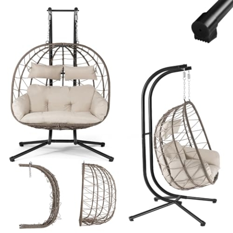 Juskys Doppelhängesessel Aria - Polyrattan Hängesessel mit Gestell & Kissen - Schaukel für Zwei Personen - Outdoor Indoor Sessel - XXL Korb Beige