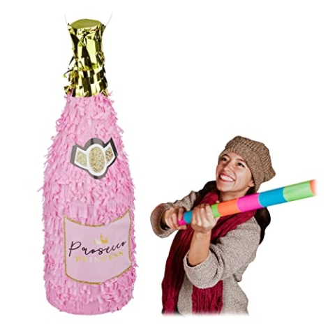 Relaxdays 3 x Pinata Sektflasche, Geburtstagspinata, Champagner Pinata zum Aufhängen, Prinzessin, Piñata zum Befüllen, rosa-Gold