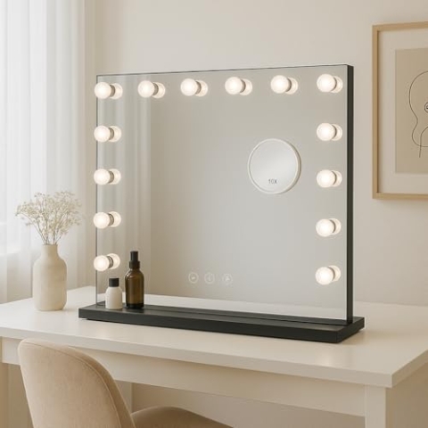 Bayt Hollywood Spiegel 58x46 cm mit LED Beleuchtung – Schminkspiegel Schwarz mit 15 dimmbaren Lampen, 3 Lichtmodi (warm, kalt, neutral), Touchscreen & 10x Vergrößerungsspiegel