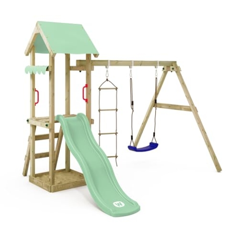 WICKEY Spielturm Klettergerüst TinyCabin mit Schaukel & Pastellgrüner Rutsche, Outdoor Kinder Kletterturm mit Sandkasten, Leiter & Spiel-Zubehör für den Garten