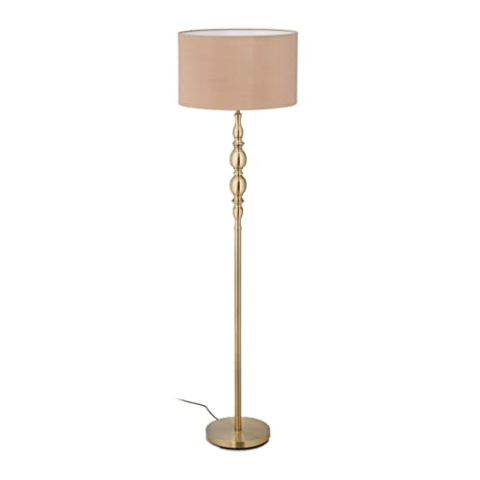 Relaxdays Stehlampe Wohnzimmer, E27, mit Kabel, Stoff Lampenschirm Ø 43 cm, Vintage Stehleuchte 156 cm hoch, beige-gold