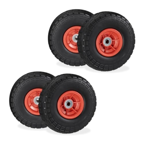 Relaxdays 4X Sackkarrenrad, pannensicher, Vollgummi, 4.10/3.50-4", Kunststofffelgen, bis 150 kg, 260x85 mm, schwarz-rot