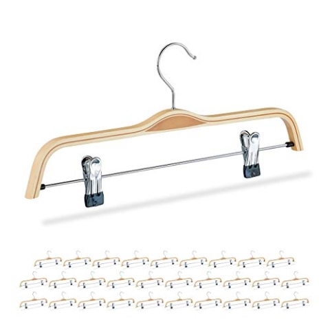 Relaxdays 30 x Hosenbügel Holz, verstellbare & gummierte Clips, 360° drehbarer Haken, Kleiderbügel, 37cm breit, Klemmbügel, Natur