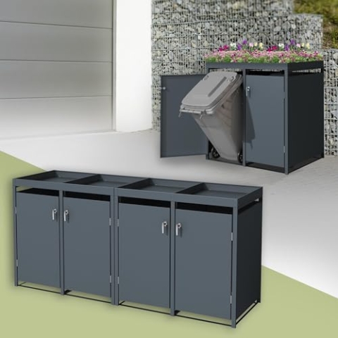 ML-Design Mülltonnenbox 4er mit Pflanzdach für 4 Mülltonnen, 240L 264x80x124cm Anthrazit, Stahl, wetterfest, Abschließbare Mülltonnenverkleidung mit Tür, Müllbox Mülltonnecontainer Mülltonnenabdeckung