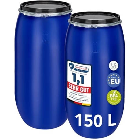 Garronda Set 2X 150 Liter Regentonne mit Deckel Weithalsfass aus HDPE Regenfass für Garten Fass Regenwassertonne Futtertonne Universalfass Wasserfass Regentonnen Lebensmittelfass GD-0128, Blau