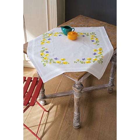 Vervaco Stickpackung Tischdecke Sticken Set Erwachsene Vorgedruckt Frühlingsblumen Stickdecken Vorgezeichnet Decke Sticken Stickpackung Plattstich 80 x 80 cm Stoff zum Sticken Kreatives Geschenk