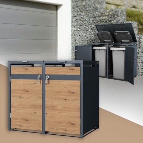 ML-Design Mülltonnenbox 2er 2 Tonnen 240L 132x80x116,3cm Anthrazit-Eichenoptik, Stahl, wetterfest/abschließbar Mülltonnenverkleidung Klappdeckel/2 Türen, Müllbox Mülltonnecontainer Mülltonnenabdeckung