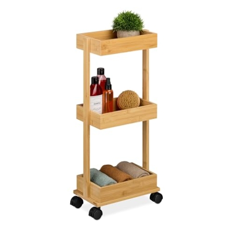 Relaxdays Rollwagen, Bambus, 3 Ebenen, HxBxT: 71,5x31x18 cm, 4 Rollen, Badezimmer, Küche, schmaler Beistellwagen, natur