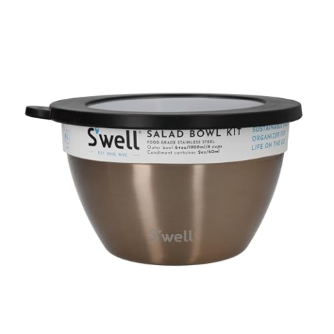 S'well lifetime brands europe limited Salatschüssel-Set, Pyrit, 1,9 l – Salat-Lunchbox mit Gewürzbehälter und herausnehmbarem Tablett – auslaufsicher und spülmaschinenfest, Gold