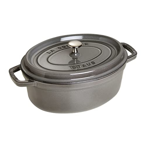 STAUB Gusseisen Bräter/Cocotte, Oval 33 cm, 6,7 L, Aromaregen Funktion für optimale Befeuchtung, Für alle Herdarten inkl. Induktion & Backofen, Graphitgrau