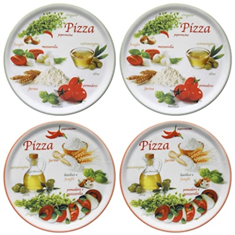 MamboCat 4er Set Pizzateller Napoli Green & Red Ø 33,8 cm I weisse Porzellanteller mit bunten Motiven zum Servieren für Antipasti und Tomate-Mozzarella I Pizzaplatten Frühstücksteller mediterran