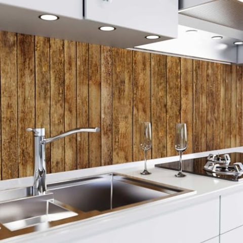 danario Küchenrückwand selbstklebend - Matt - Spritzschutz Küche - versteifte PET Folie - 0,37 mm - Holzlatten - 60cm x 400cm
