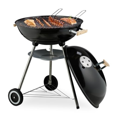 Relaxdays Kugelgrill, Ø 54 cm Grillrost, Outdoor BBQ, Holzkohlgrill m. Rädern & Standfuß, Auffangschale, Smoker, schwarz