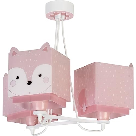Dalber Lampe kinderzimmer, kinderlampe Pendelleuchte Hängelampe, Deckenleuchte Kinder, Deckenlampe kinderzimmer 3 Lichter Little Fox Fuchs Tiere, rose, 64587, E27