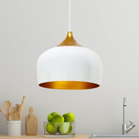bamyum Kreis Hängelampe Esstisch Vintage Ø30 cm, Küchenlampe Hangend Vintage, Esstischlampe Hängend E27, Pendelleuchte Vintage, Küchenlampe Hängend, Pendelleuchte Esstisch, Hängelampe Küche Weiß Gold