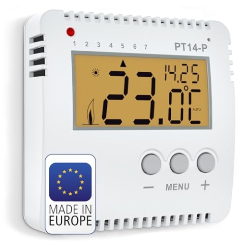 ELEKTROBOCK PT14-P Digitaler Raumthermostat 230V - Programmierbarer Wandthermostat mit großem beleuchtetem LCD Display - Für elektrische Heizungen - Einstellbares Wochenprogramm und Zusatzfunktionen