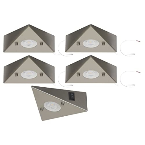 Trango 5er Set 6739-52 Küchenunterbauleuchte inkl. 5x 4,8 Watt LED Modul 3000K warmweiß *COOK* Einbauleuchte - Einbaustrahler aus Edelstahl - Schalter - Dreieckleuchte - Schrankleuchte - Küchenleuchte