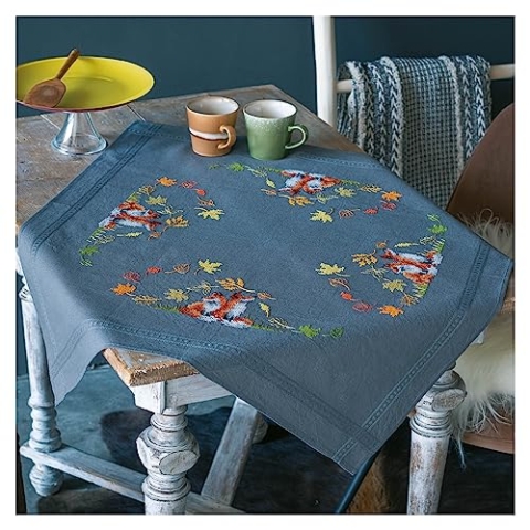 Vervaco Kreuzstich Stickpackungen Tischdecke Füchse im Herbst Stickdecken Vorgezeichnet Basteln Erwachsene Kreativ Set Vorgedruckte Decke Sticken 80 x 80 cm Stickset DIY Sticken Set