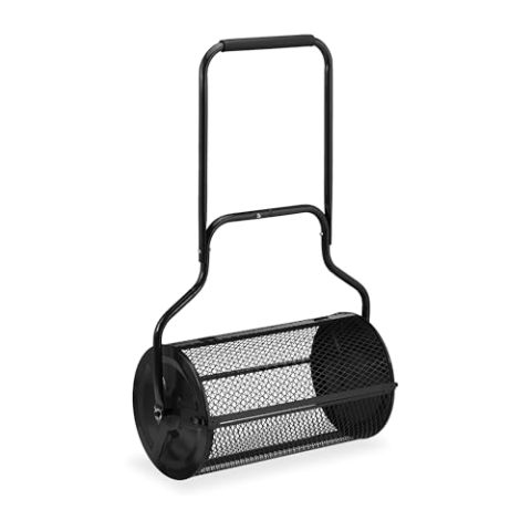 Relaxdays Kompoststreuer für Rasen, Meshkorb 65 L, Gartenstreuer mit Griff, HBT: 117x74x36 cm, Torfmoosstreuer, schwarz