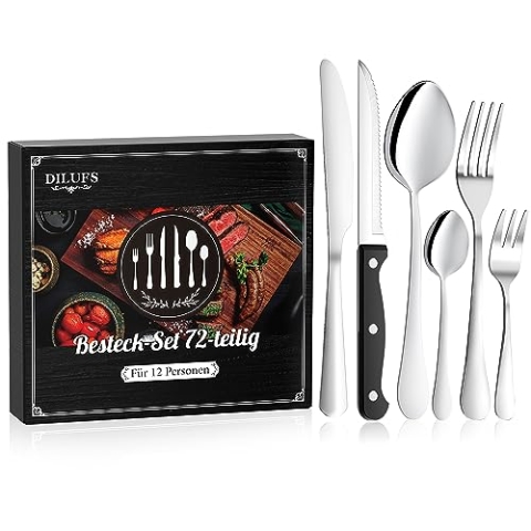 DILUFS 72-teiliges Besteck Set 12 Personen, Edelstahl Besteckset mit Steakmesser Kaffeelöffel Dessertgabeln Spülmaschinenfest Besteck Set mit Gabeln Messer Löffel für Home Restaurant (Silber)
