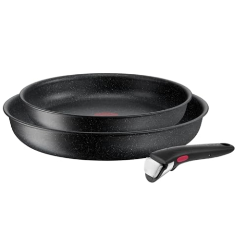 Tefal Ingenio Black Stone 3-teiliges Pfannenset abnehmbarer Griff, 24/28 cm, stapelbar, platzsparend, Pfannenset Induktion mit Antihaftversiegelung, einfache Handhabung und Reinigung, L39990