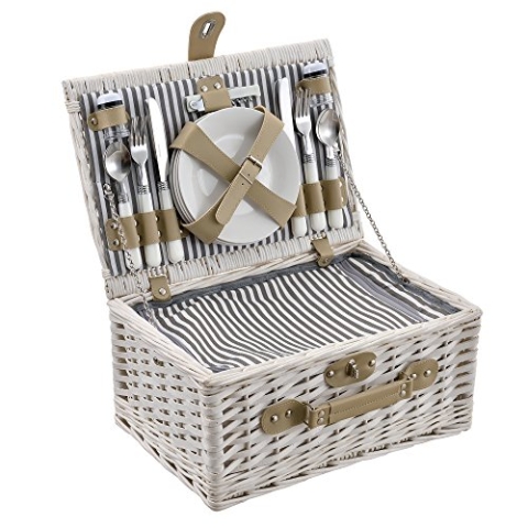 casa.pro Picknickkorb für 4 Personen Picknick-Set mit Kühltasche inkl. Geschirr Besteck Korkenzieher und Gläser Weiß