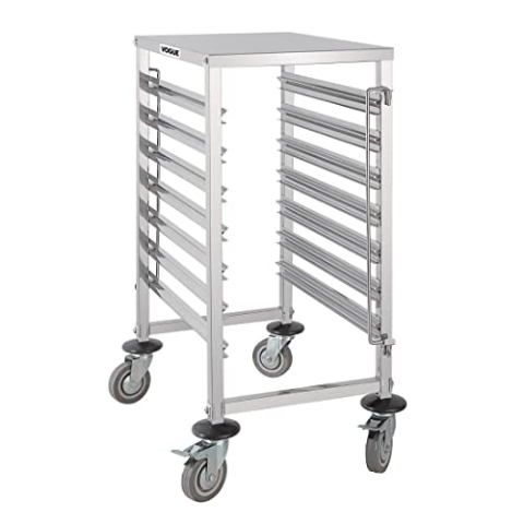 Vogue Gastronorm-Regalwagen mit 7 Ebenen, Edelstahl, fasst bis zu 7 x 1/1 GN-Tabletts, Größe: 900x380x557 mm, Lebensmittelregal, gebremste Rollen – passend für 1/1, 1/2, 1/3, 2/3 GN-Tabletts, GG498