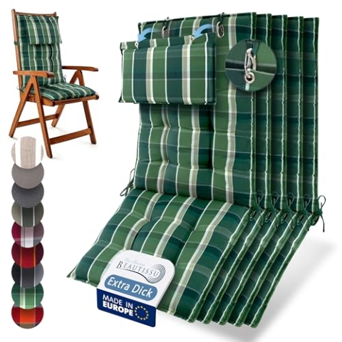 Beautissu 5er Set Premium Hochlehner Auflage Kopfpolster 120x50cm Sun-HL – 8cm Dick Polster Gartenstuhlauflage rutschfest Befestigungsbänder UV-Lichtechtheit 5 – Robust Stoff Grün kariert